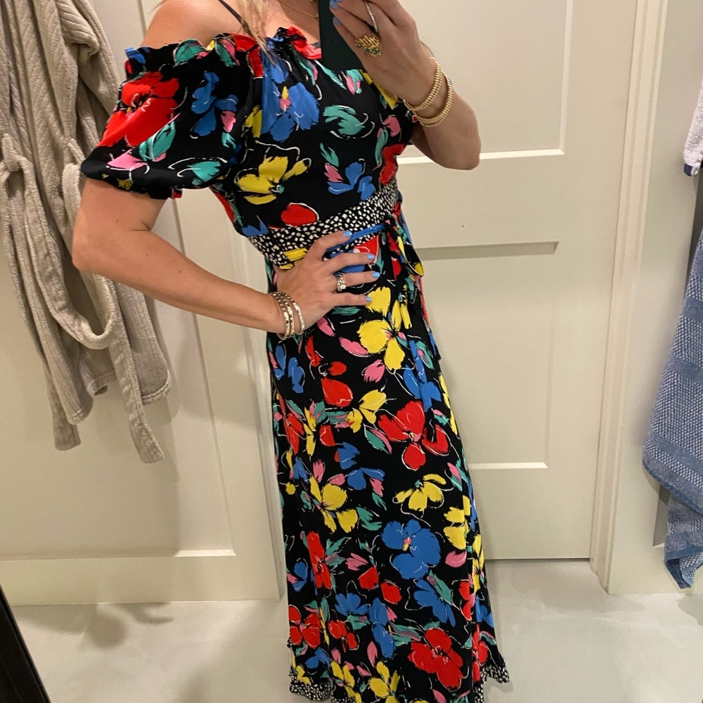 Rixo Target Floral Off Shoulder Puff Sleeve Dress Black Multicolor